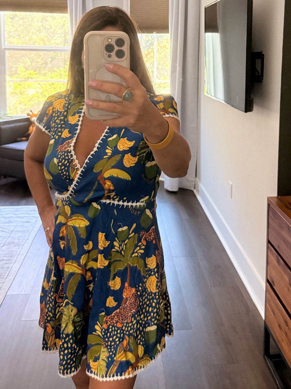 Navy Blue & Yellow Tropical V-Neck Mini Dress